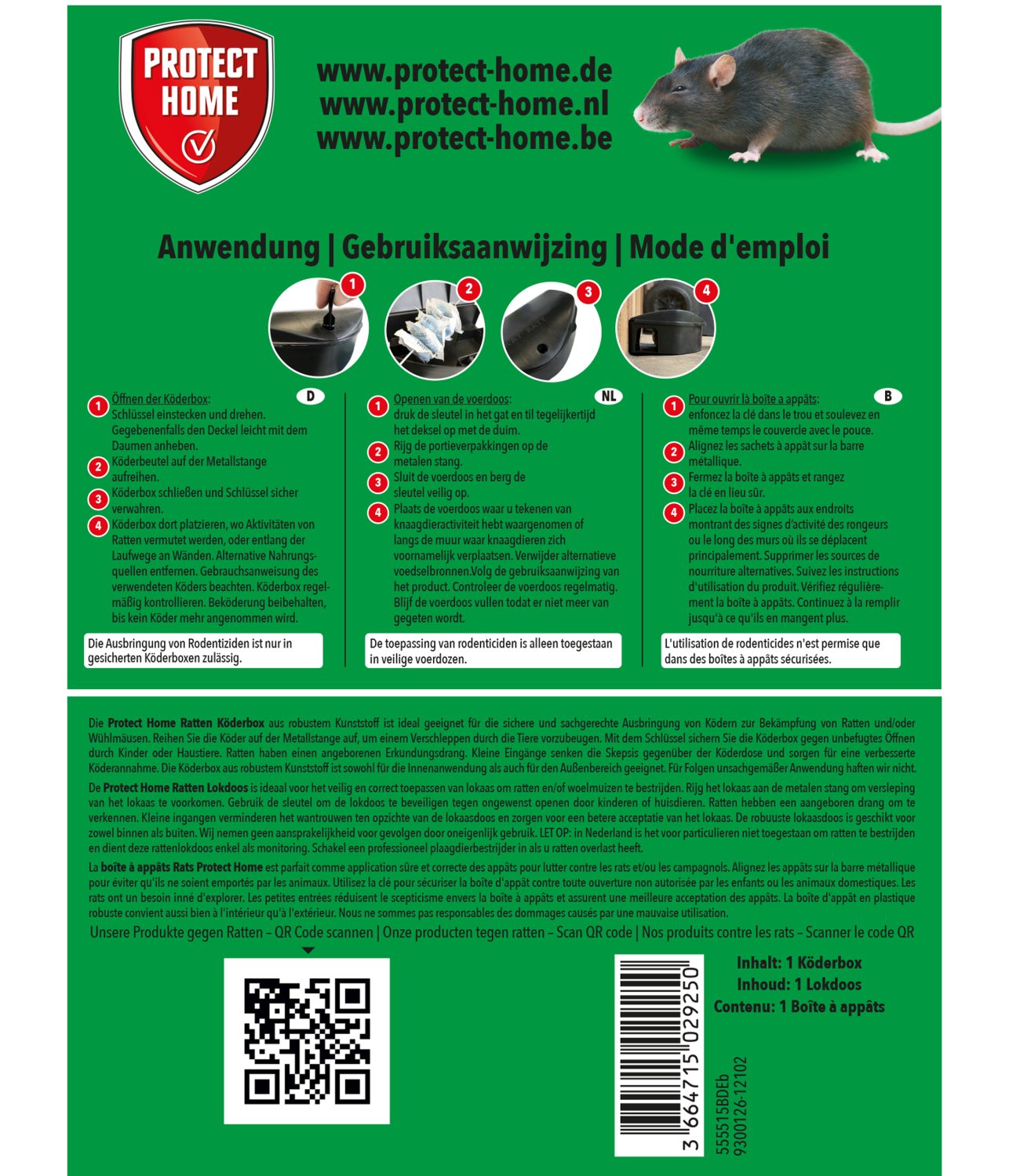 PROTECT HOME Wühlmaus & Ratten Köderbox für Rattengift, sichere Ausbringung von Wühlmaus- oder Rattenködern