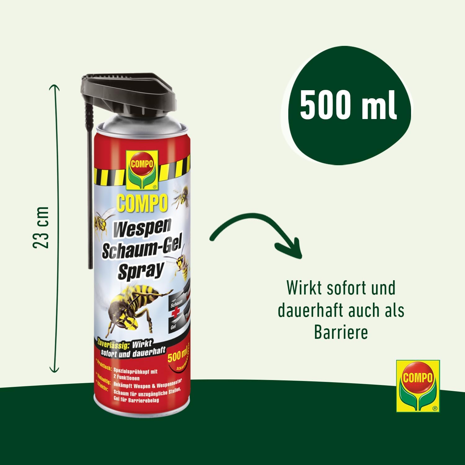 COMPO Wespen Schaum-Gel Spray – Wespenspray mit Sprührohr – wirkt gegen Wespen und Wespennester – Sofort- und Langzeitwirkung – Wespenschaum als Wespenspray – 500 ml