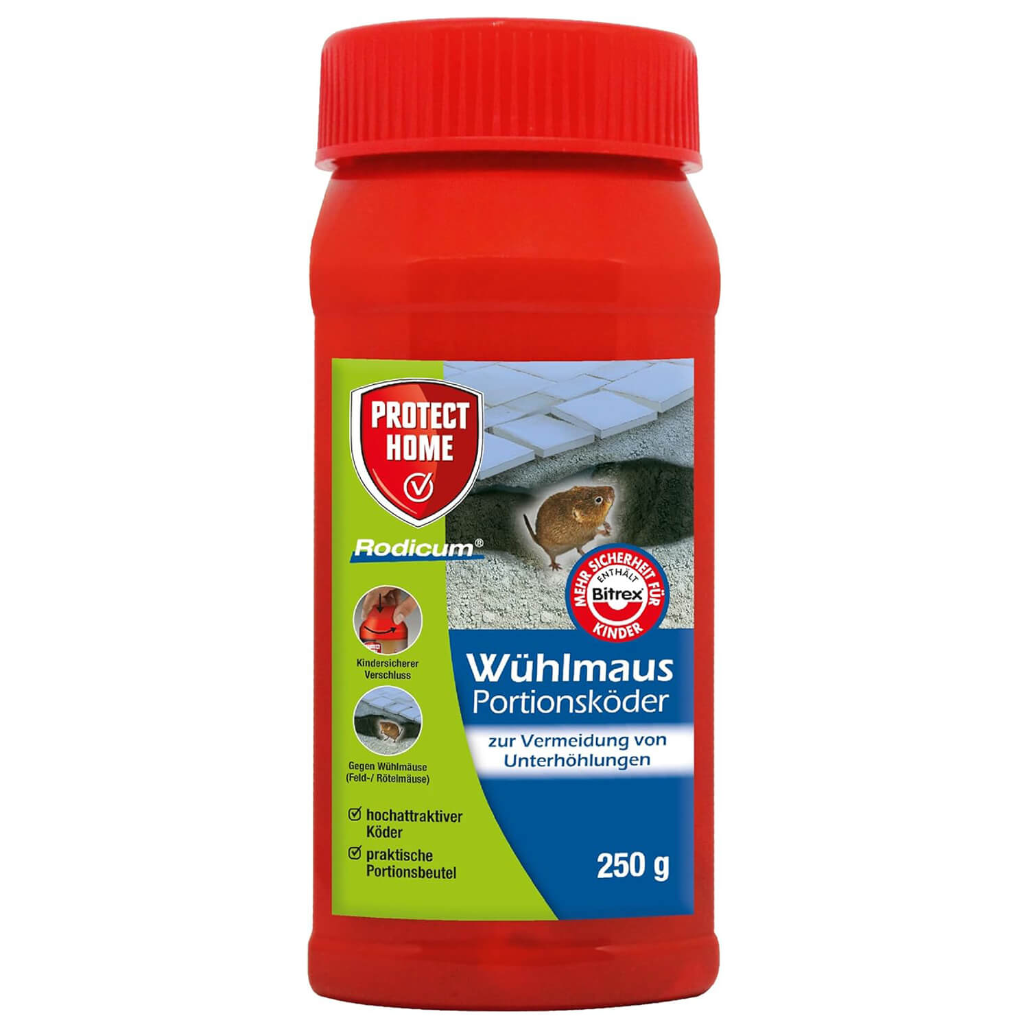 PROTECT HOME Rodicum Wühlmaus Portionsköder, Wühlmausgift, auslegefertige Köder zur Wühlmausbekämpfung, 250 g Dose